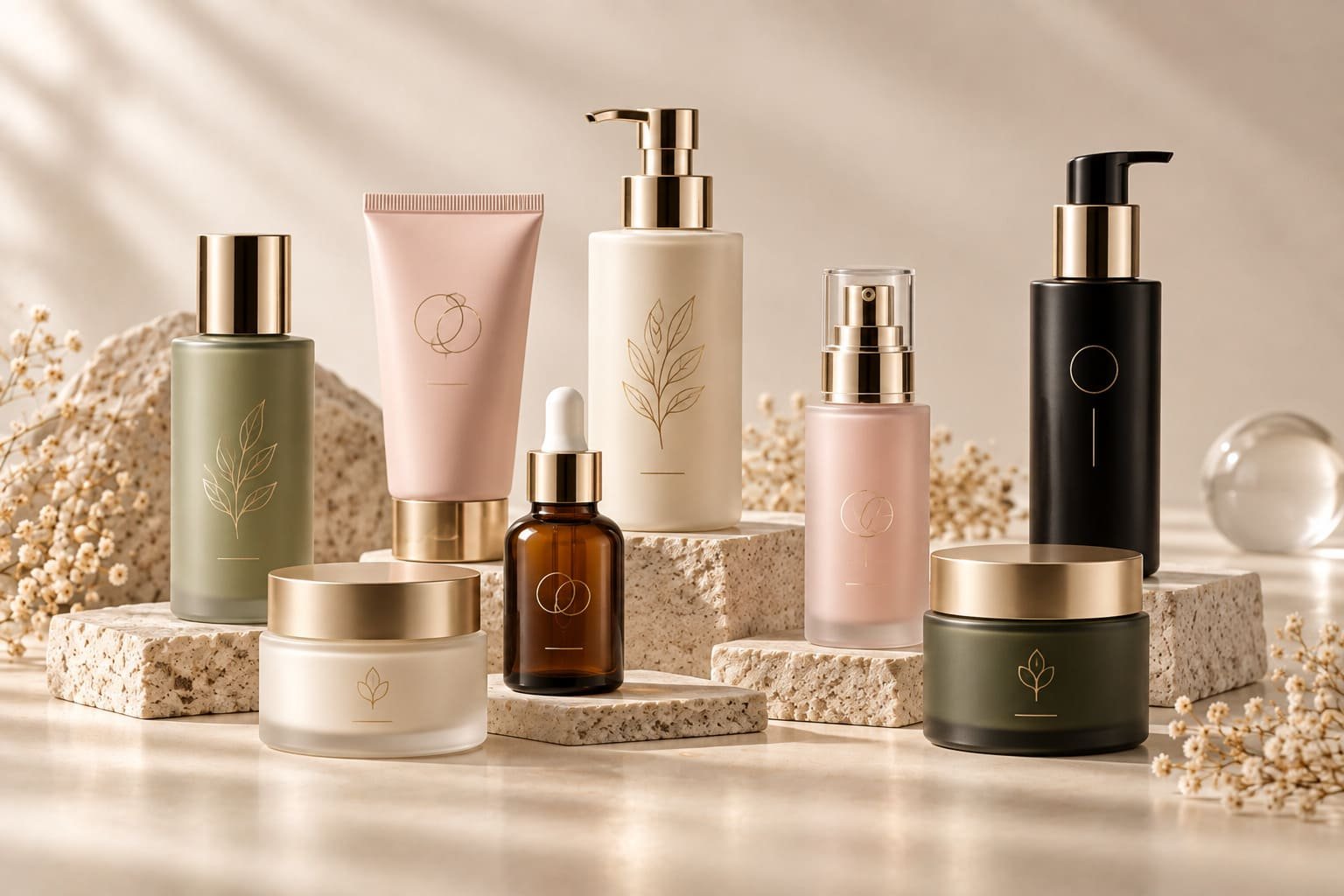 Custom cosmetic packaging collection with different colors and finishes